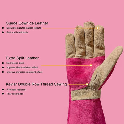 Long Gardening Gloves for Women, Leather Rose Pruning Gloves, Heat Resistant Durable Work Gloves for Yard Work, Welding, BBQ, Cooking, Fireplace and Chainsaw (Pink Medium)