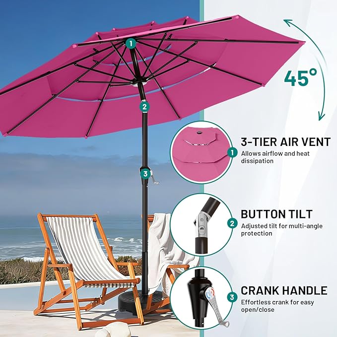 AreShark 9ft 3-Tier Patio Umbrellas, Outdoor Umbrella with 8 Sturdy Ribs UV Protection Windproof, Market Table Umbrella w/Push Button Tilt & Crank for Pool, Porch, Deck, Garden(Rose Pink)