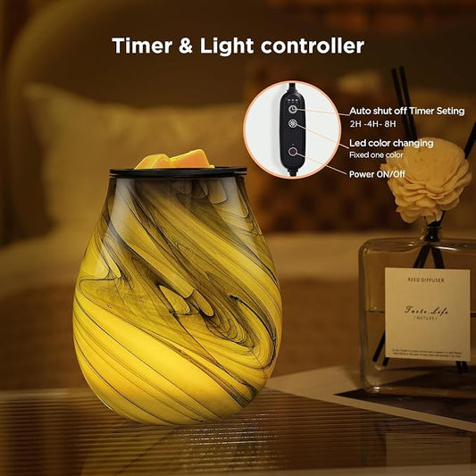 Inrorans Glass Electric Wax Melt Warmer Oil Burner with Stable Heating PTC Reusable Silicone Tray 7 Colorful Changing Led Light Night Light Scent Warmer for Home Fragrance Warmers-Ink Painting Timer