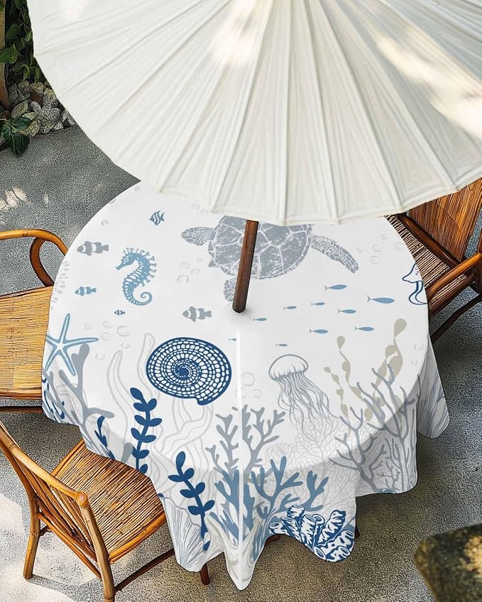 Blue Coastal Outdoor Tablecloth - 60 Inch Round Waterproof Dining Table Cover, Nautical Summer Beach Sea Turtle Coral Outdoor Table Cloth with Umbrella Hole & Zipper for Picnic/Patio/Party