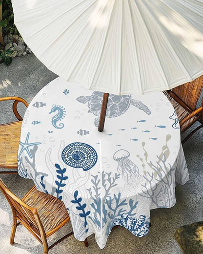 Blue Coastal Outdoor Tablecloth - 60 Inch Round Waterproof Dining Table Cover, Nautical Summer Beach Sea Turtle Coral Outdoor Table Cloth with Umbrella Hole & Zipper for Picnic/Patio/Party