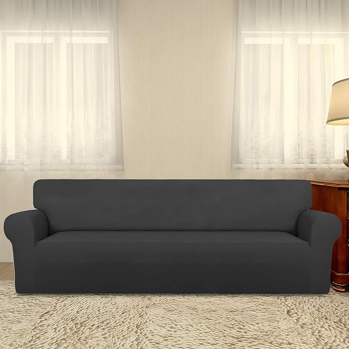 PureFit Stretch Couch Covers for Sofa 4 Seater Slipcovers Dark Gray | 1-Piece Sofa Cover Washable Soft Couch protector, Couch Slipcover with Non Skid Foam and Elastic Bottom for Kids, Dogs