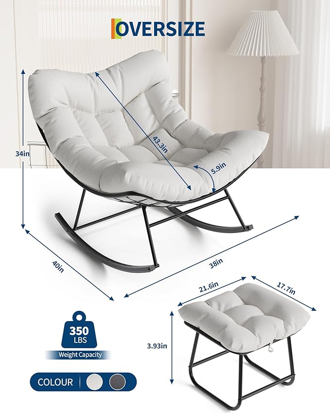 GarveeLife Outdoor Oversized Papasan Rocking Chair with Footrest, Patio Lounge Chair with Ottoman and Sturdy Metal Frame, Patio Egg Rocker for Balcony Backyard Porch Bedroom, White