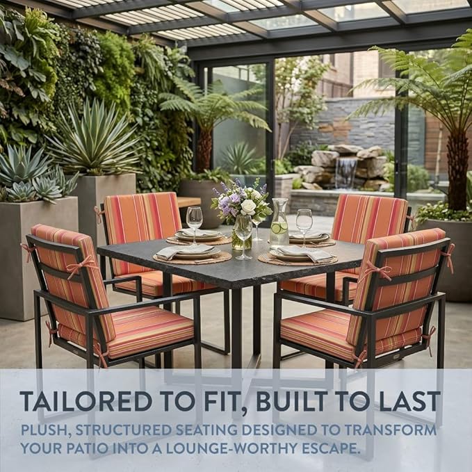 California Umbrella Outdoor Dining Chair, Set of 4 Patio Seat Cushions, 20 x 40 Inch, Premium Outdoor Memory Foam, Fade Resistant, Sunbrella Fabric, Fabric Ties, Dolce Mango