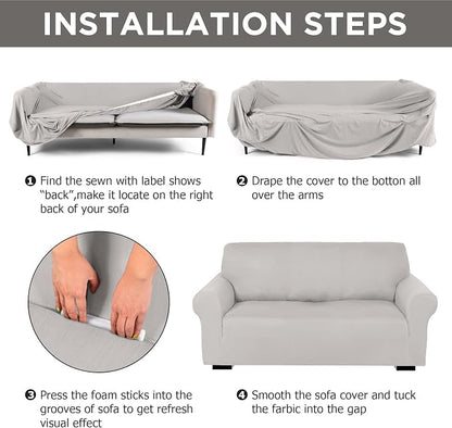 Peryiter 2 Pcs Couch and Loveseat Sofa Covers,Silver Gray,Milk Silk | Armchair Covers for Living Room, Sofa Cushion Slipcover 2/3 Seater, Furniture Protector, Polyester and Spandex, Washable