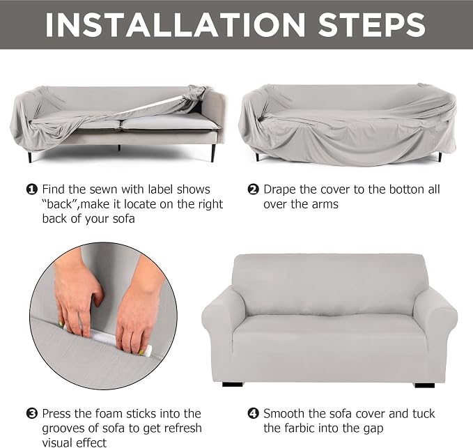 Peryiter 3 Pcs Couch and Loveseat Sofa Covers,Silver Gray,Milk Silk | Armchair Covers for Living Room, Sofa Cushion Slipcover, Furniture Protector, Polyester and Spandex, Washable