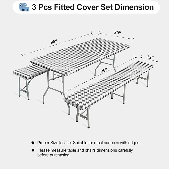 OutdoorLines Vinyl Fitted Picnic Table Cover with Bench Covers | Elastic Waterproof Camping Tablecloth for Picnic Table (Checkered Black, 72x30 Inch, 3 Pcs)