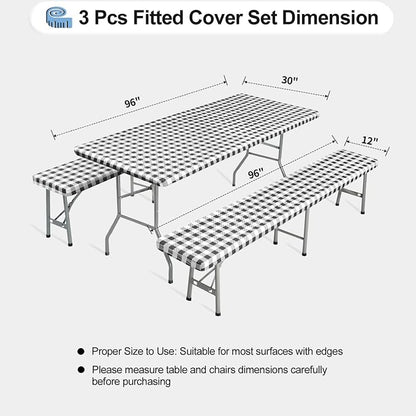 OutdoorLines Vinyl Fitted Picnic Table Cover with Bench Covers | Elastic Waterproof Camping Tablecloth for Picnic Table (Checkered Black, 72x30 Inch, 3 Pcs)