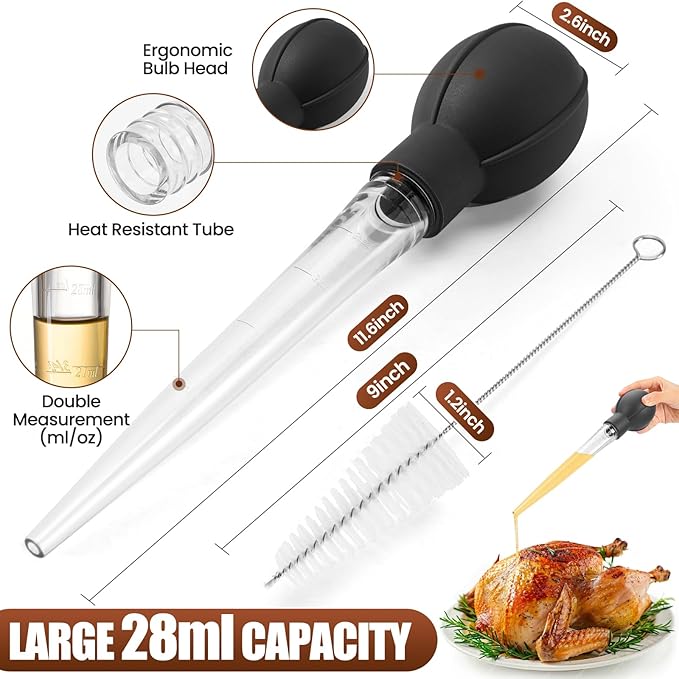 OLESBUR Premium Turkey Basters for Cooking – Baster Syringe for Hot Liquids – Meat and Food Injector – Essential Thanksgiving Cooking Tool – Turkey Baster Large with Cleaning Brush(Black)