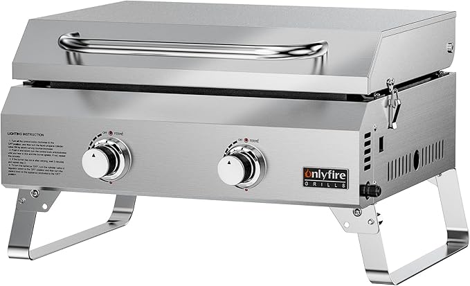 ONLYFIRE GRILLS Tabletop Gas Griddle with Foldable Legs, 2-Burner BBQ Propane Flat Top Griddle, Portable Gas Stove for Outdoor Cooking Patio Party Camping Tailgating RV, Stainless Steel, GS318