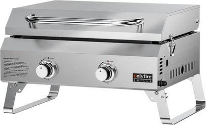 ONLYFIRE GRILLS Tabletop Gas Griddle with Foldable Legs, 2-Burner BBQ Propane Flat Top Griddle, Portable Gas Stove for Outdoor Cooking Patio Party Camping Tailgating RV, Stainless Steel, GS318