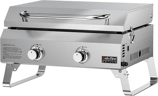 ONLYFIRE GRILLS Tabletop Gas Griddle with Foldable Legs, 2-Burner BBQ Propane Flat Top Griddle, Portable Gas Stove for Outdoor Cooking Patio Party Camping Tailgating RV, Stainless Steel, GS318