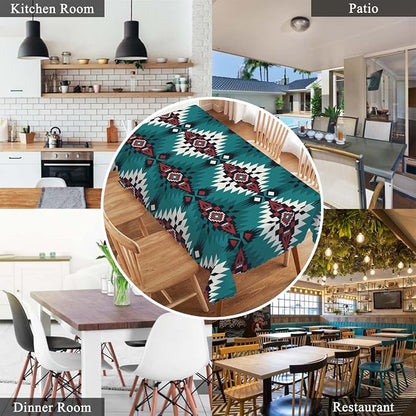 Swono Aztec Pattern Tablecloth Ethnic Native Style Boho Geometric Green Decorative Table Cover for Kitchen, Party Banquet and Holiday Tablecloth, 52x70 Inch(4-6 Seats)
