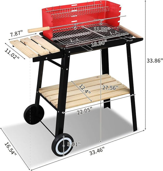 Portable Charcoal Grill with Side Table,Outdoor Barbecue Grill with Charcoal Tray & Wheels,Stainless Steel Charcoal Stove for Outdoor Backyard,Camping,Picnics,Patio and Parties