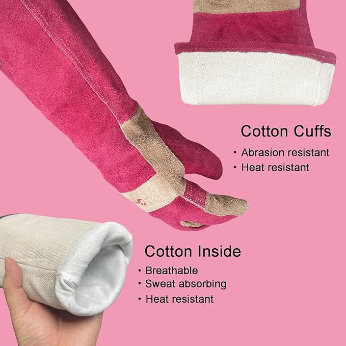 Long Leather Gloves for Women – Pink Heat-Resistant, Durable Work & Gardening Gloves for Pruning, Yard Work, Welding, BBQ, Cooking & Fireplace, Chainsaw, Camping, Woodworking, Outdoor Projects X-Small
