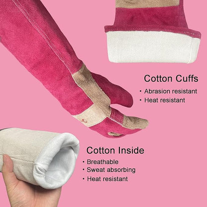 Long Leather Gloves for Women – Pink Heat-Resistant, Durable Work & Gardening Gloves for Pruning, Yard Work, Welding, BBQ, Cooking & Fireplace, Chainsaw, Camping, Woodworking, Outdoor Projects X-Small