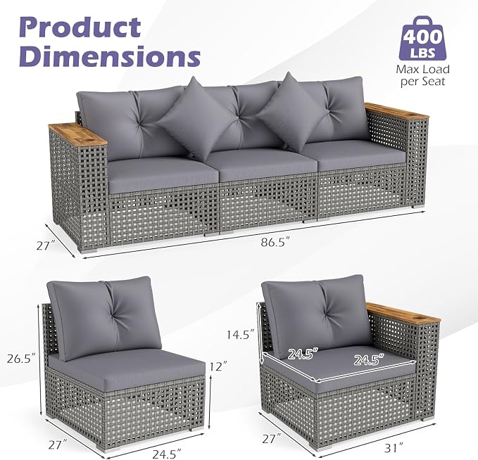 Tangkula 86.5" Large 3-Seat Patio Wicker Sofa, 3 Pieces PE Rattan Sectional Furniture Set with Cup Holders & Wood Armrest, Outdoor Couch Set with Armless & 2 Corner Sofas for Garden, Yard, Porch, Grey