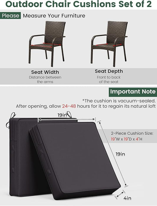 Outdoor Chair Cushion 19 x 19 x 4 Inches Patio Furniture Outdoor Waterproof Seat Cushion, Patio Chair Cushion with Handles and Ties, Square Dining Chair Cushion Set of 2, Grey