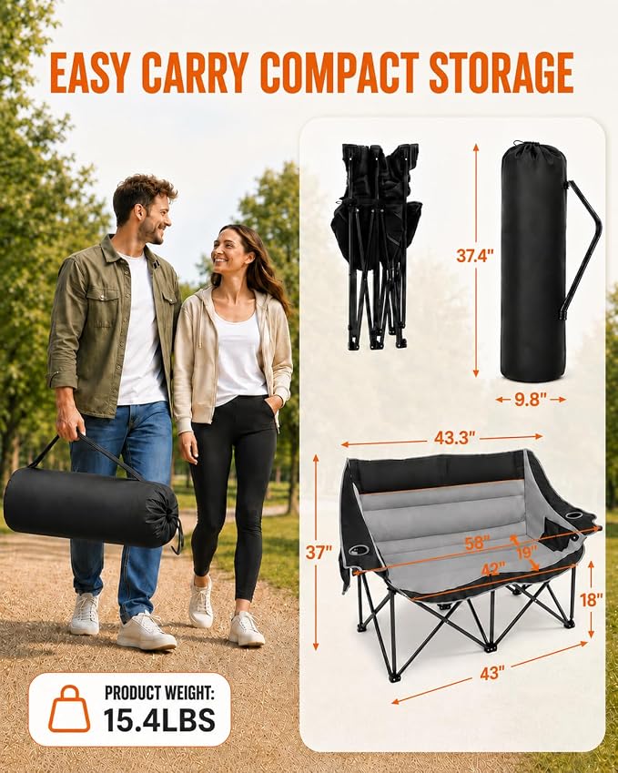 HOPERAN Heated Double Camping Chair, 660lbs 3 Heat Levels Camping Loveseat | 4 Heating Zones, 58" Seat, Padded Camp Couch, 600D Fabric, Cup & Wine Glass Holder, Side & Rear Pocket, Campfire Lawn Patio