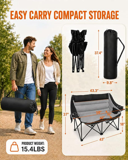 HOPERAN Heated Double Camping Chair, 660lbs 3 Heat Levels Camping Loveseat | 4 Heating Zones, 58" Seat, Padded Camp Couch, 600D Fabric, Cup & Wine Glass Holder, Side & Rear Pocket, Campfire Lawn Patio
