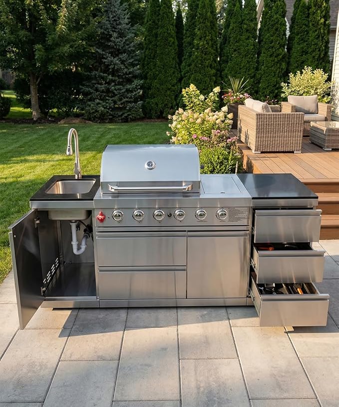 BBQ Outdoor Kitchen Island Grill Barbecue Modular Patio Kitchens Kits with Electric Rotisserie, Sink, fridge, and Burner for More than 10 People