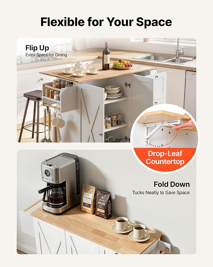 VEVOR Kitchen Island Cart, 45.3x39 inch Rolling Kitchen Table, Mobile Carts with Storage Cabinet and Solid Wood Top, Portable Islands with Wheels, Spice Rack, Towel Rack, Drop Leaf and Drawer, White