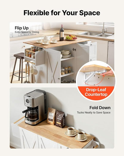 VEVOR Kitchen Island Cart, 45.3x39 inch Rolling Kitchen Table, Mobile Carts with Storage Cabinet and Solid Wood Top, Portable Islands with Wheels, Spice Rack, Towel Rack, Drop Leaf and Drawer, White