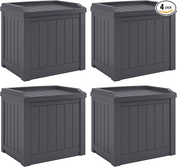 Suncast 4 Pack Small Deck Box Storage w/Bench Seat for Indoor & Outdoor Use, 22 Gal., Cyberspace