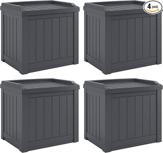 Suncast 4 Pack Small Deck Box Storage w/Bench Seat for Indoor & Outdoor Use, 22 Gal., Cyberspace