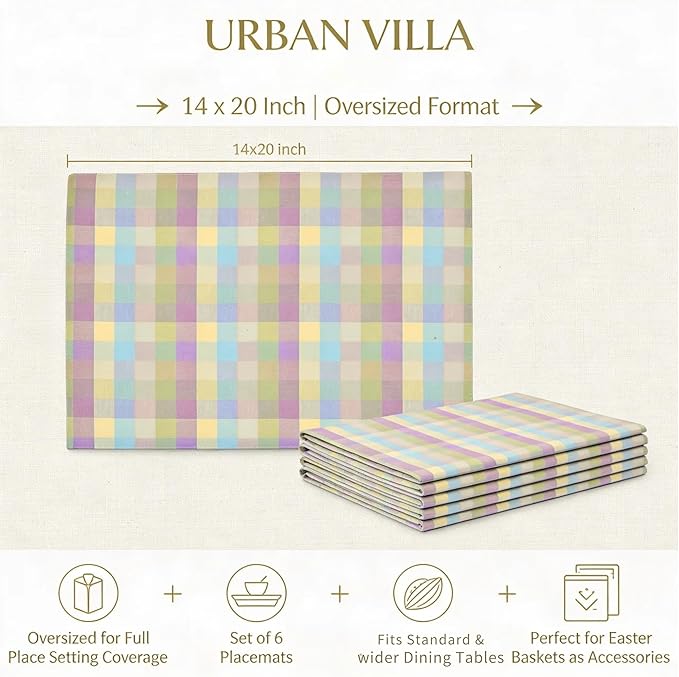 Urban Villa Easter Placemats100% Cotton Fused Table Placemats 14''x 20'' Over Sized Set of 6 Easter Colors Buffalo Check Plaid for Every Day Use Parties Celebrations Heavier Quality