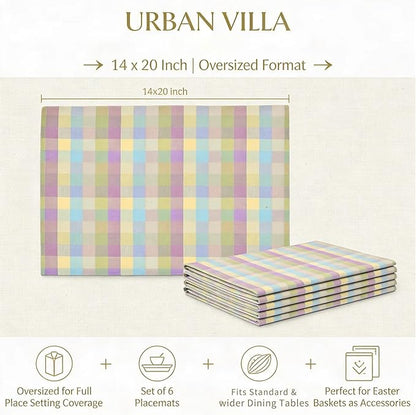 Urban Villa Easter Placemats100% Cotton Fused Table Placemats 14''x 20'' Over Sized Set of 6 Easter Colors Buffalo Check Plaid for Every Day Use Parties Celebrations Heavier Quality