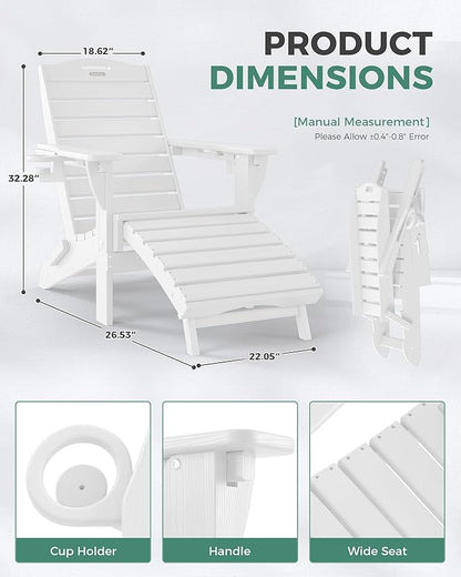 Adjustable Adirondack Chairs Set of 6 with Retractable Ottoman, HDPE Folding Adirondack Chair with Cup Holders, Weather Resistant for Backyard, Poolside & Fire Pit (White)