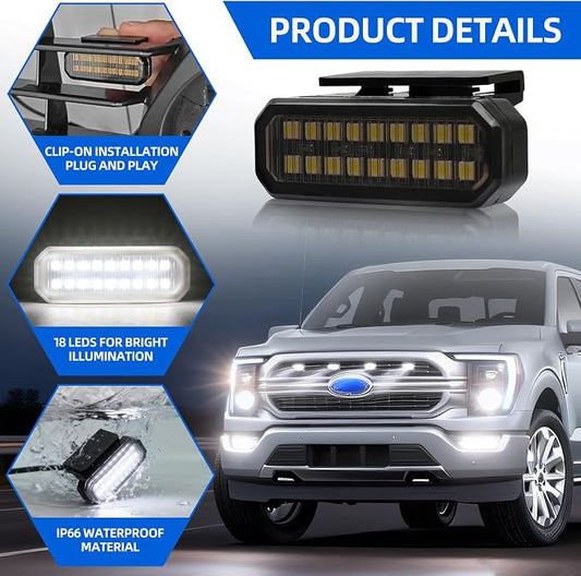 DREAMOTOR 4PCS LED Grille Lights Universal Clip-On Front White Grill Lights | with Wiring Harness & Fuse, Compatible With Dodge Ram 1500 Ford F150 GMC Sierra 1500 Chevy Silverado Raptor Toyota