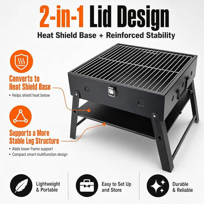 Portable BBQ Charcoal Camping Grill: Tabletop Folding Barbecue Grills | with Fire Starter Kit for Outdoor Cooking, Fathers Day Birthday Grilling Gift for Men Dad Husband