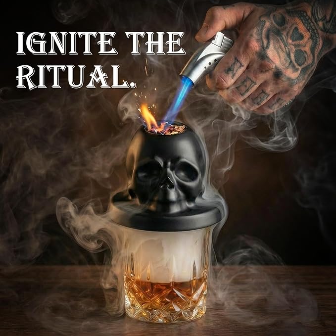 Whiskey Smoker Kit with Torch – Ceramic Skull Old Fashioned, Bourbon & Cocktail Drink Smoker – Unique Valentines Day Gifts for Men, Husband, Boyfriend & Him – Cool Bar Accessories & Gadgets Set