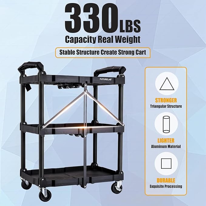 Portable Folding Service Cart - 3 Tier 330LBS Capacity - Rolling Utility Foldable Cart with Wheels for Warehouse Home Workshops Garages Restaurants Offices