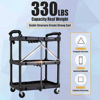 Portable Folding Service Cart - 3 Tier 330LBS Capacity - Rolling Utility Foldable Cart with Wheels for Warehouse Home Workshops Garages Restaurants Offices