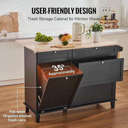 VEVOR Kitchen Island Cart, 50" Wood Top Breakfast Bar with Trash Cabinet Tilt Out 10 Gallon Storage, Farmhouse Dining Living Room Table with Drop Leaf, Towel Bar, Drawer, Black