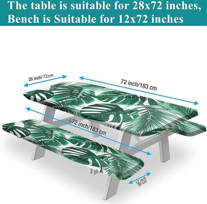 Summer Rectangle Fitted Picnic Table Cover w/ Bench Covers, Tropical Palm Tree Leaves Picnic Table Covers w/ Elastic, 72x28 Inch, 3 pcs Set, Green, for Picnics Indoor and Outdoor Dining Use