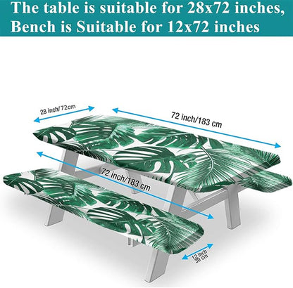 Summer Rectangle Fitted Picnic Table Cover w/ Bench Covers, Tropical Palm Tree Leaves Picnic Table Covers w/ Elastic, 72x28 Inch, 3 pcs Set, Green, for Picnics Indoor and Outdoor Dining Use