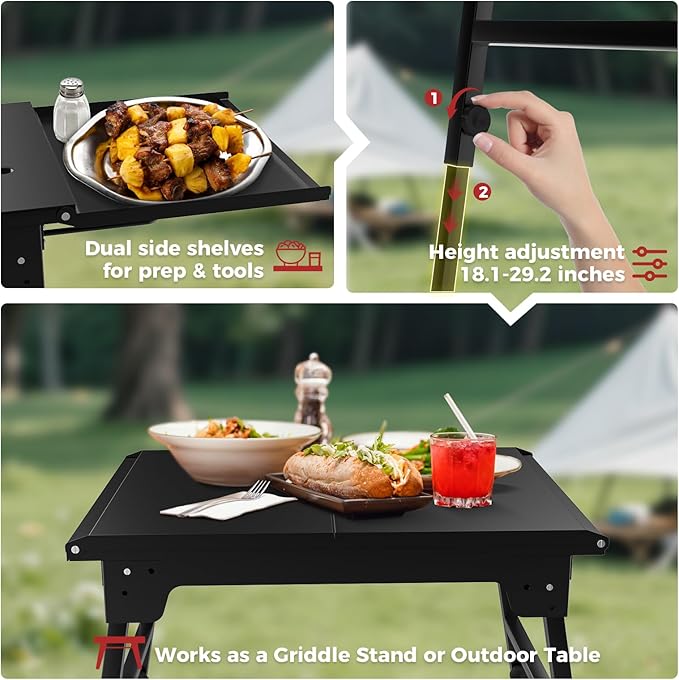 CAMPLUX Griddle Stand for 17” / 22” Tabletop Griddles, Foldable Grill Stand with Dual Side Shelves, 18.1–29.2” Adjustable Height, Anti-Rust Outdoor Griddle Table for Camping & Tailgating