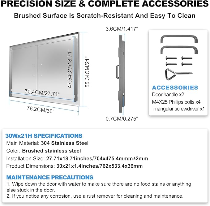 Outdoor Kitchen Door 30" W x 21" H-304 Stainless Steel Never Rust Cabinet Door-Double Layer-BBQ Access Doors-Weatherproof GrillDoor-Flush Mount BBQ Island Doors-MetalDoor for Outdoor Indoor Kitchen