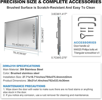 Outdoor Kitchen Door 30" W x 21" H-304 Stainless Steel Never Rust Cabinet Door-Double Layer-BBQ Access Doors-Weatherproof GrillDoor-Flush Mount BBQ Island Doors-MetalDoor for Outdoor Indoor Kitchen