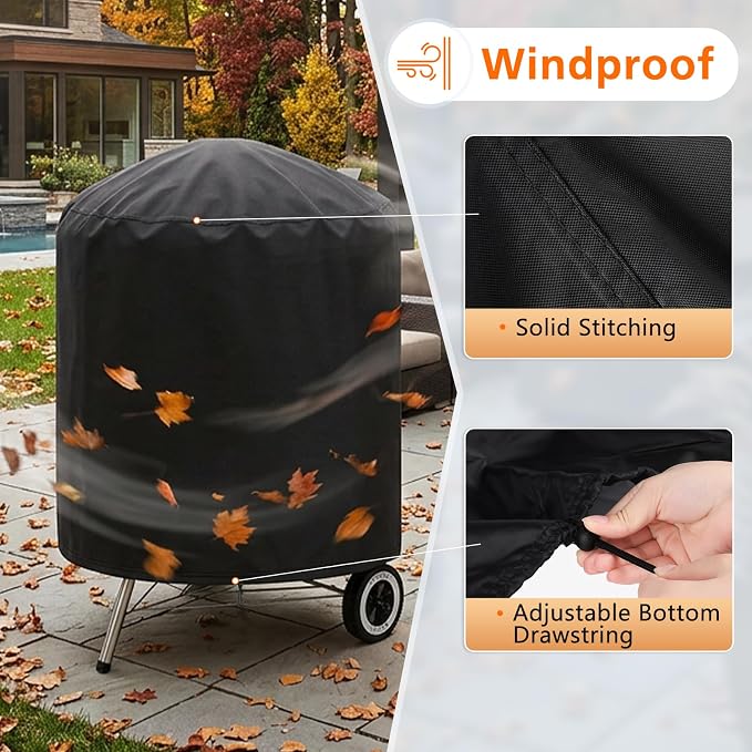 Round BBQ Grill Cover for Weber 22" and Most Kettle Charcoal Grill | Windproof,Waterproof,Tear Resistant,UV Protection,30" Dia x 38" H