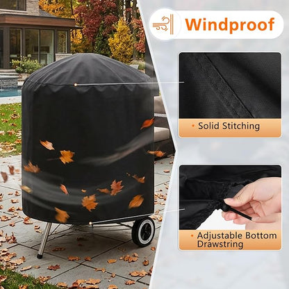 Round BBQ Grill Cover for Weber 22" and Most Kettle Charcoal Grill | Windproof,Waterproof,Tear Resistant,UV Protection,30" Dia x 38" H