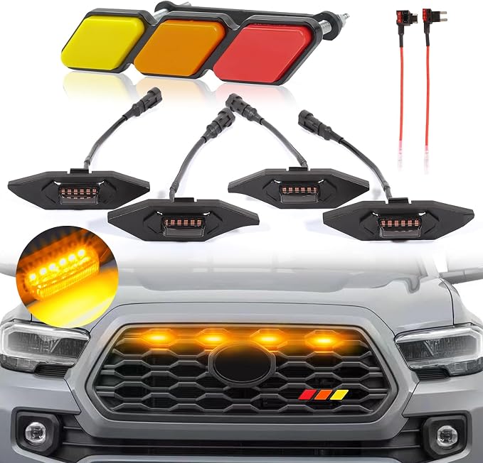 Amber led Grill Lights Emblem for Toyota Tacoma 2020-2023 TrdSport Offroad | 4pcs ,TRD Off Road Sport OEM Grill,Rapt0r Lights for Tacoma 6 LED Upgrade Grille Light