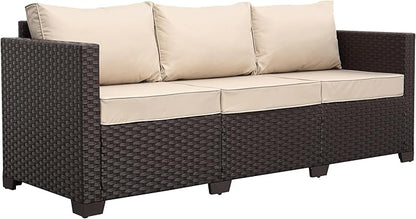 Rattan Star Outdoor Furniture Couch 3 Seater Sofa Outdoor Brown Wicker Sofa Deep Seat High Backrest Patio Couch with Non-Slip Cushions Waterproof Cover, Khaki