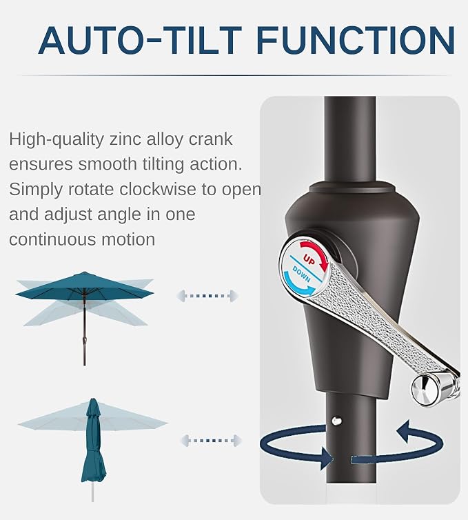 9FT Auto-Tilt Patio Umbrella|Outdoor Market Table Umbrella with 8 Fiberglass Ribs for Pool,Deck&Backyard