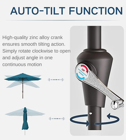 9FT Auto-Tilt Patio Umbrella|Outdoor Market Table Umbrella with 8 Fiberglass Ribs for Pool,Deck&Backyard