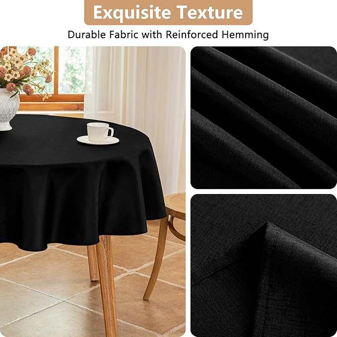 Seenus Textured 60 Inch Black Fabric Table Cloth Fits 30'' to 48'' Round Table, Faux Linen Water Resistant & Wipeable Circle Tablecloth, Washable for Dinning Kitchen Patio